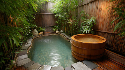 Naklejka premium Serene japanese inspired spa pool with wooden tub and lush greenery in a tranquil outdoor setting for relaxation