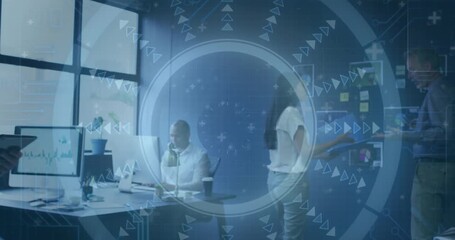Animation of data processing over diverse business people in office - Powered by Adobe