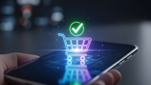 Online shopping cart icon with checkmark on smartphone screen for e-commerce.