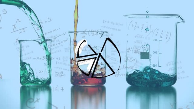 Animation of mathematical equations, pie chart over pouring liquids in glass beakers