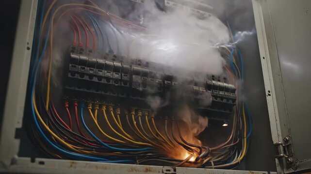 Electrical Panel Fire Hazard White Smoke Billowing from Complex Wiring System Close Up Dramatic Lighting