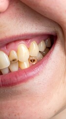Close-up of a mouth showing worn and damaged teeth, including a missing tooth and visible gum line