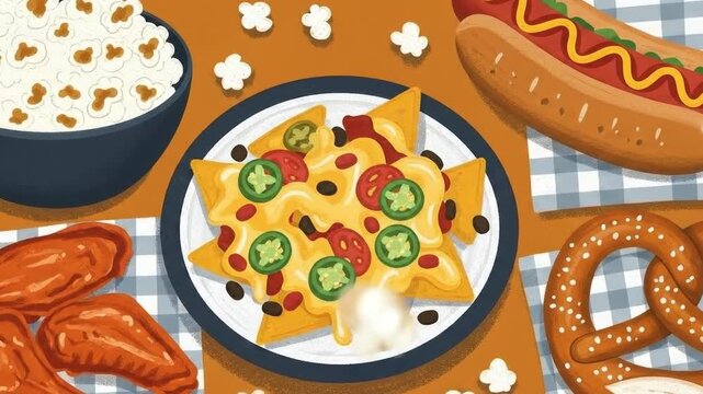 Assortment of food items nachos hot dog popcorn chicken wings pretzel