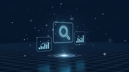 Data analysis and visualization with magnifying glass icon in digital space