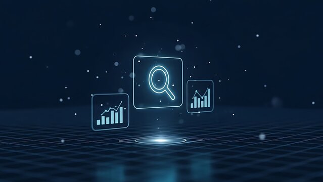 Data analysis and visualization with magnifying glass icon in digital space - Powered by Adobe