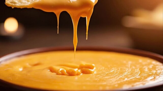 Close up of cheese dip with tortilla chip perfect for culinary and commercial use