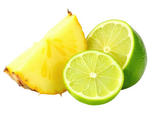 Two limes and a half of a pineapple arranged on a kitchen counter