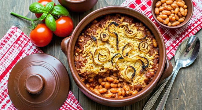 Close-up of Traditional Serbian Prebranac Baked Beans in Rich Paprika Sauce, Comfort Food