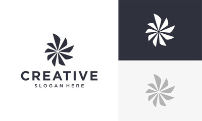 Creative logo design concept featuring stylized flower emblem in various monochromatic styles on different backgrounds