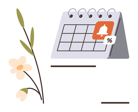 Time management, event planning, organization, deadlines, schedules, reminders. A calendar with a notification icon next to a floral branch. Time management and event planning visuals - Powered by Adobe