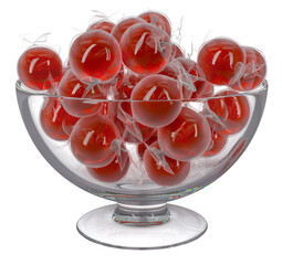 Close-up of red candy balls with clear wrapper in glass candy dish. 3d illustration transparent background