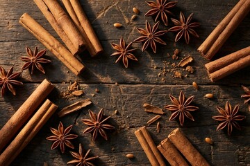 Cinnamon Sticks and Star Anise Spices on Dark Rustic Wooden Background