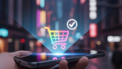 Online shopping hologram with glowing cart and checkmark on smartphone screen closeup