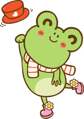 Obraz premium Valentine Frog Wearing Scarf And Hat Cartoon Hand Drawn