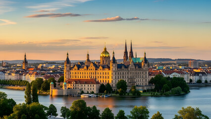 Obraz premium Golden Sunset Over Majestic Schwerin Castle Reflected in the Lake with Cityscape, Schwerin, Germany.