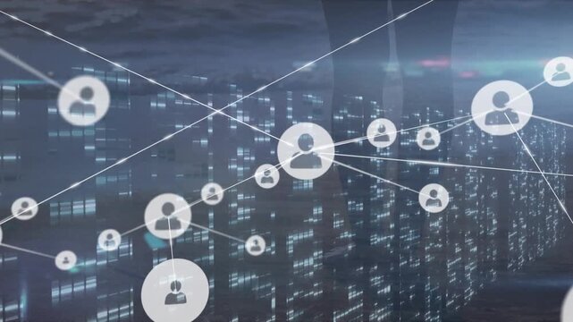 Animation of network of connections with icons and moving columns over woman at beach