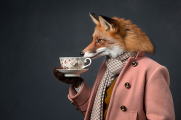 Stylized fashion portrait of an anthropomorphic fox with fully dyed coral fur, standing upright, wearing a fashionable designer coat, calmly drinking tea from a porcelain teacup, clever elegant expres