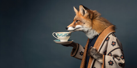 Stylized fashion portrait of an anthropomorphic fox with fully dyed coral fur, standing upright, wearing a fashionable designer coat, calmly drinking tea from a porcelain teacup, clever elegant expres