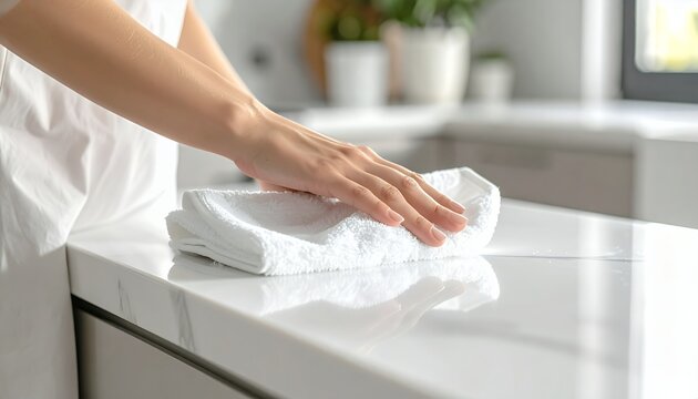 Cleaning a Shiny White Countertop with a Cloth.