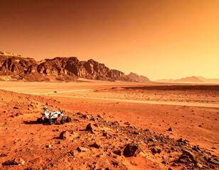 Red Rocky Surface of Mars with Robotic Rover in Distance