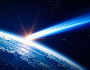 Bright Comet with Glowing Tails Streaking Past Planet in Space