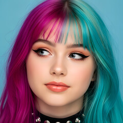 creative studio portrait of young woman with split color hair and bold makeup