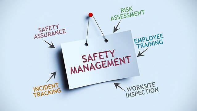 Safety management diagram with core components like risk assessment, employee training, incident tracking, and worksite inspection on a light blue background.