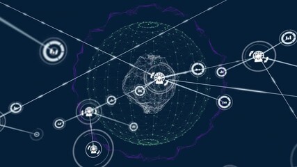 Animation of network of digital icons against globe of network of connections spinning - Powered by Adobe