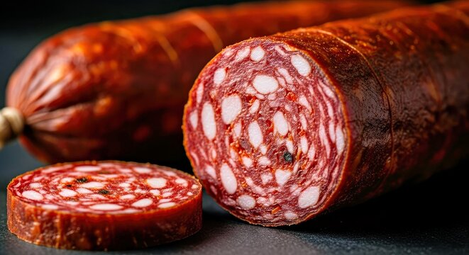 Macro Close-up of Croatian Kulen Cured Sausage Highlighting Spicy Texture and Rich Color