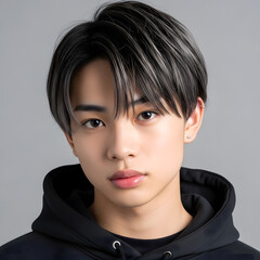 modern studio portrait of young asian person with short hair and hoodie