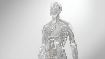 Human figure constructed from translucent acrylic layers, modern art aesthetic, high detail. 
