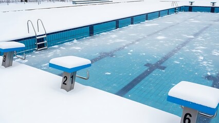 Snow covered swimming pool with icy diving boards in winter