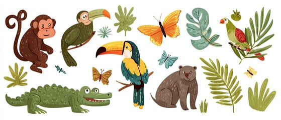 Obraz premium Colorful illustration featuring an assortment of tropical animals, plants, and butterflies, all depicted in a friendly style
