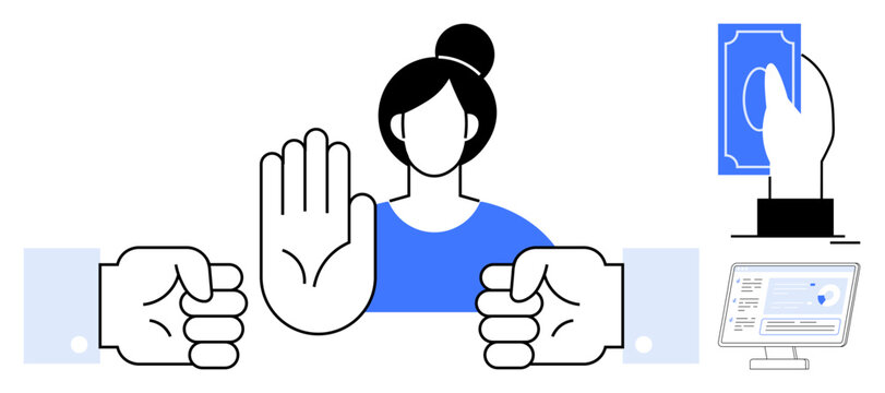 Business ethics, bribery prevention, corruption awareness, finance management, online transactions, ethical decision making. Person with raised hand stopping a bribe. Business ethics and bribery