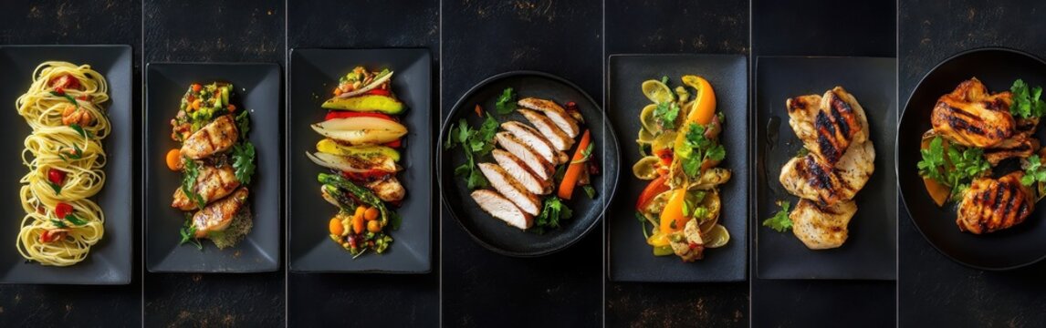 A collage of different images featuring various types of food, including pasta dishes and grilled chicken fillets. The pictures show the colorful ingredients used in each dish, creating an attractive