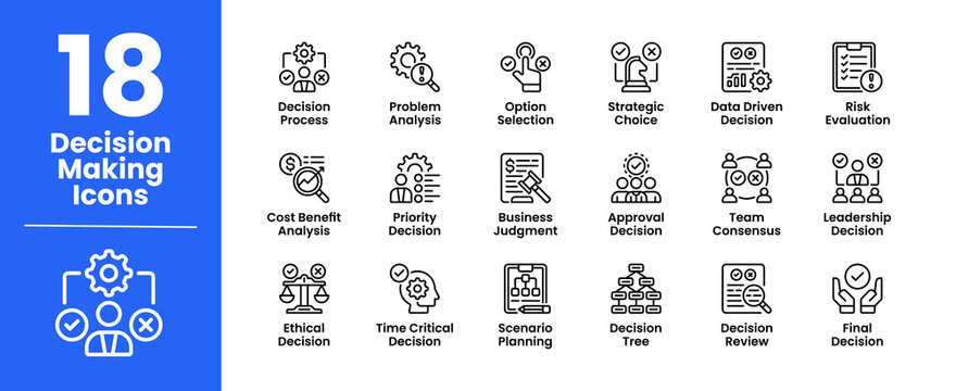 Decision Making icon set featuring professional icons that illustrate decision processes, strategic choices, risk evaluation, and business judgment. Ideal for business presentations.