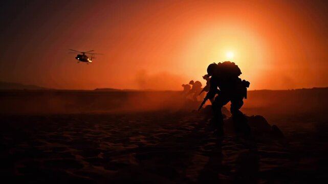 Cinematic military operation at sunset, silhouette of a small special forces team performing a covert extraction in desert terrain, dust swirling around boots, long dramatic shadows, helicopters