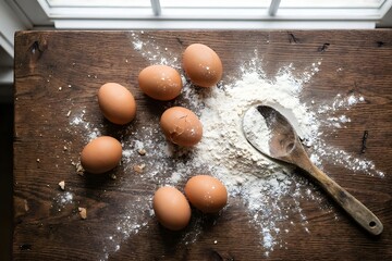 Raw Eggs and White Flour Powder on Rustic Wooden Baking Table