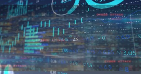 Translucent data overlay being animated floating over blurred skyline with teal bars and red alerts - Powered by Adobe