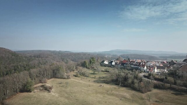 Graceful backward drone pullback exposes Aach village edge amid expansive autumn woodlands, meadows, and rolling hills in clear daylight. Perfect for travel docs, regional ads.