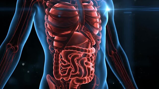 3D Animation of Human Anatomy Model with Internal Organs Blue Anatomical X-Ray Simulation for Medical Explainer and