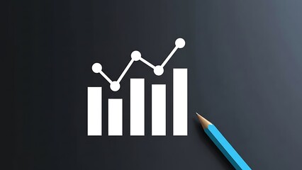 White bar graph with line chart and data points beside a blue pencil on a dark gray textured background, business analysis concept