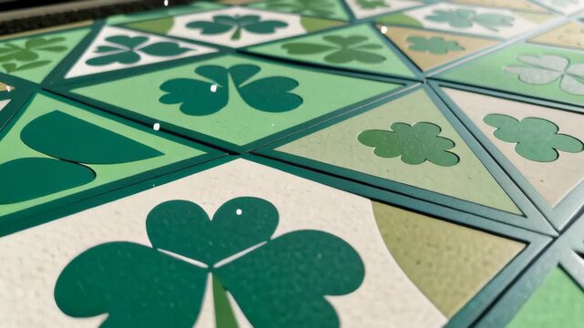 St. Patrick Day Inspired Vector Pattern Featuring Green Shamrocks and Geometric Shapes Creating Festive Design and Lively Spirit