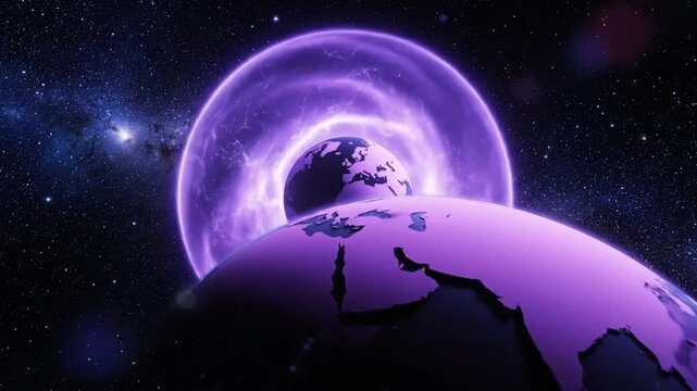 Surreal visualization of earth inside a purple energetic force field with a galaxy background, time travel