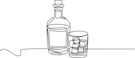 Continuous Line Drawing of Whiskey Bottle and Glass