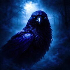 Obraz premium A dark blue bird with glowing eyes stands in a forest