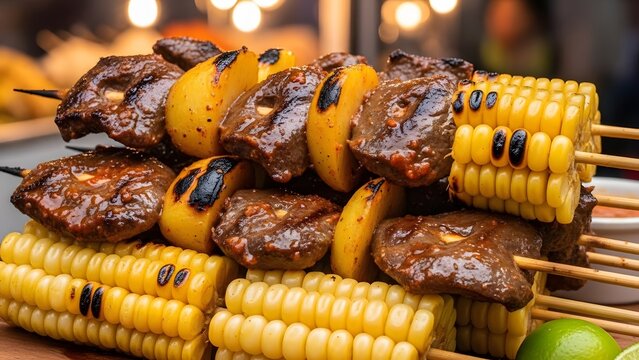 Peruvian anticucho beef heart skewers with corn potato smoky spicy Andean street food classic