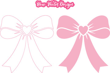 Bow. Ribbon Bow Vector Illustration. Valentine Heart Ribbon Vector Elements. Layered Ribbon Tie Silhouette. Curvy Tapered Bow Clipart. Formal Double Fold Pink Ornament