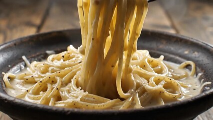 A closeup shot of delicious creamy spaghetti pasta being expertly twirled onto a fork showcasing the rich texture of the sauce and perfectly cooked noodles in a rustic bowl on a wooden table ready to. - Powered by Adobe