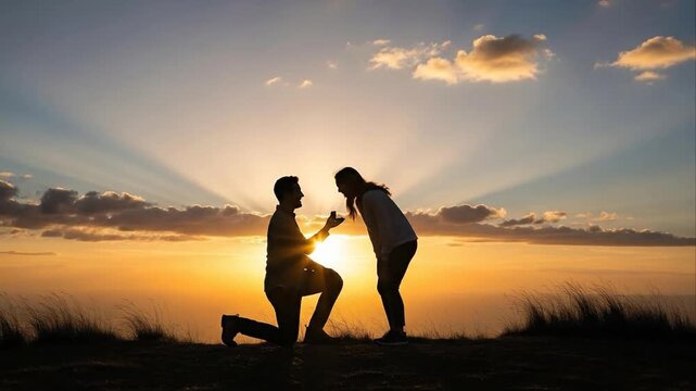 Silhouette of a man proposing to a woman at sunset